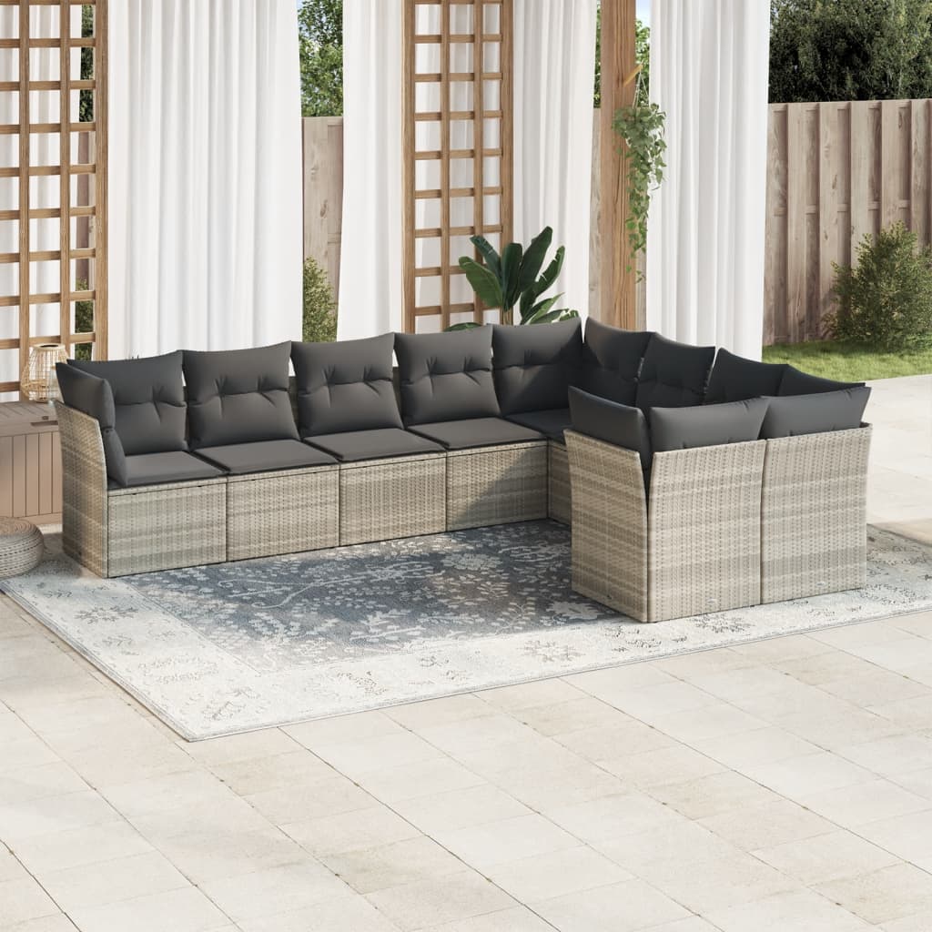 Vetonek Set de muebles de jardín 9 pzas y cojines ratán sintético gris