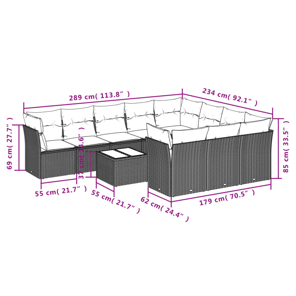 Set de sofás de jardín 11pzas con cojines ratán sintético beige