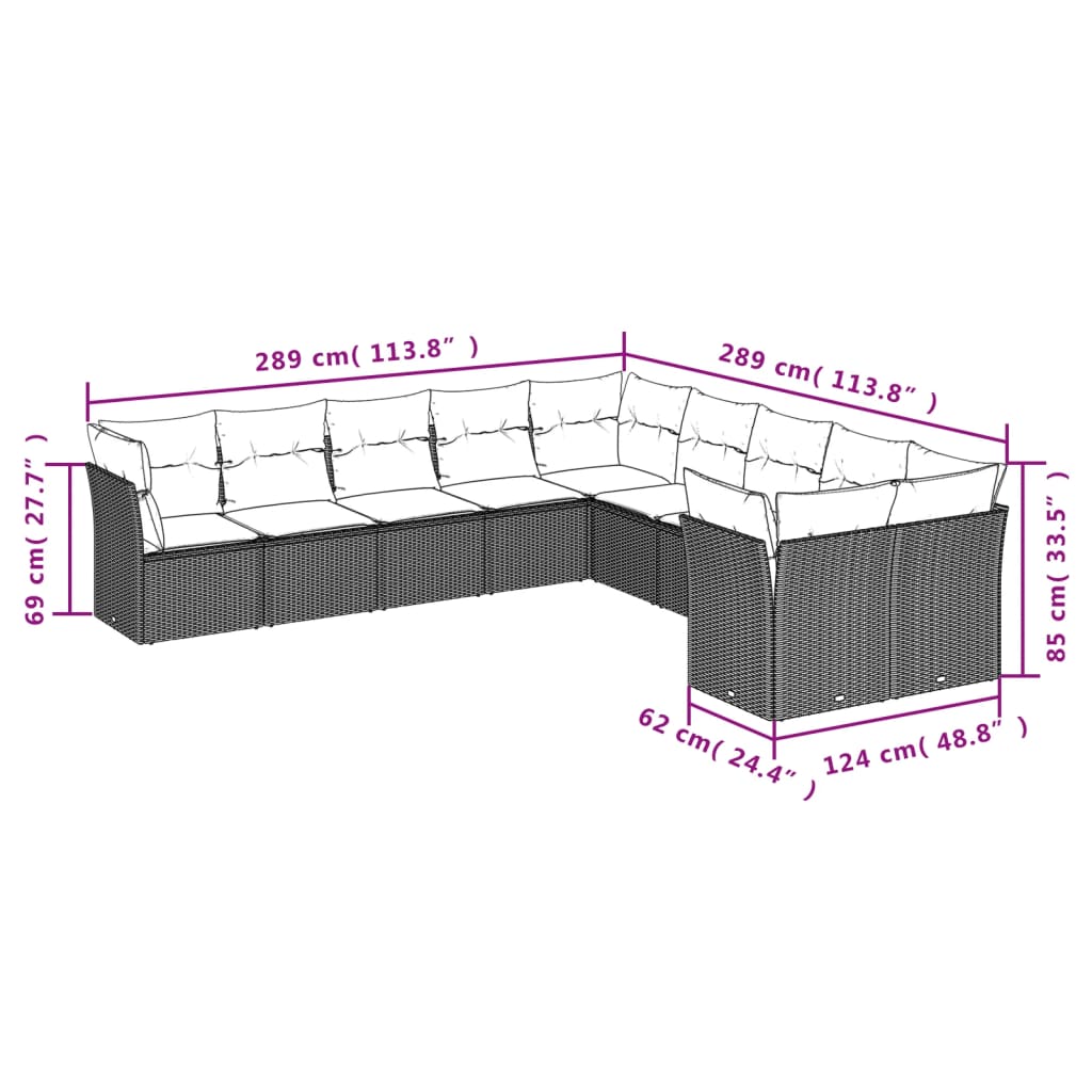 Set de sofás de jardín 10 pzas y cojines ratán sintético marrón - Vetonek