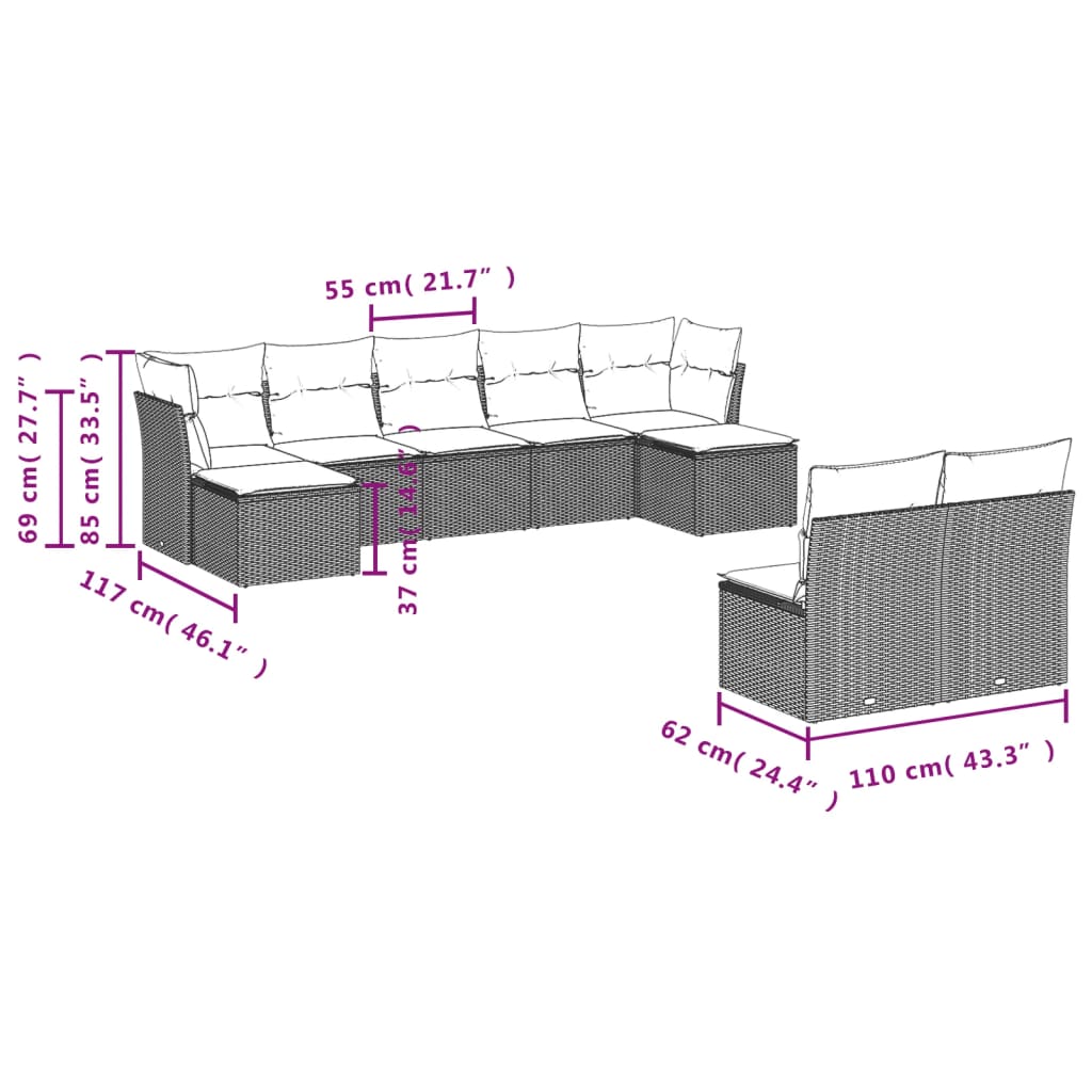 Set de sofás de jardín 9 pzas con cojines ratán sintético beige - Vetonek