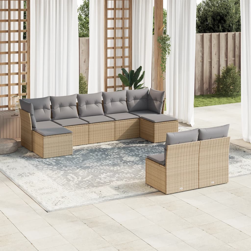 Vetonek Set de sofás de jardín 9 pzas con cojines ratán sintético beige