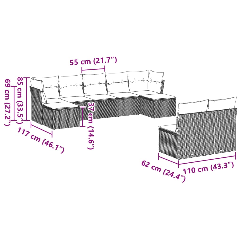 Set muebles jardín 9 pzas y cojines ratán sintético gris claro - Vetonek