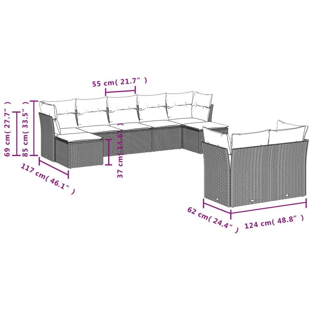 Garden Sofas Set 8 pieces and black synthetic rattan cushions