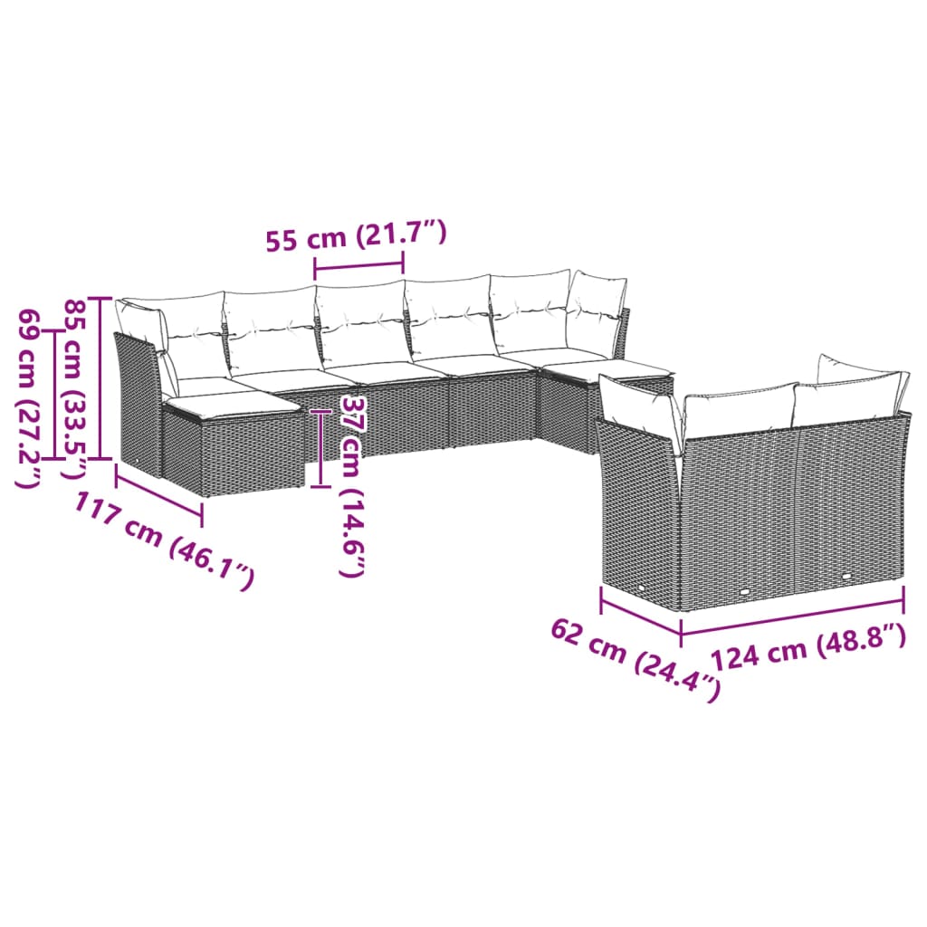 Set muebles jardín 9 pzas y cojines ratán sintético gris claro - Vetonek