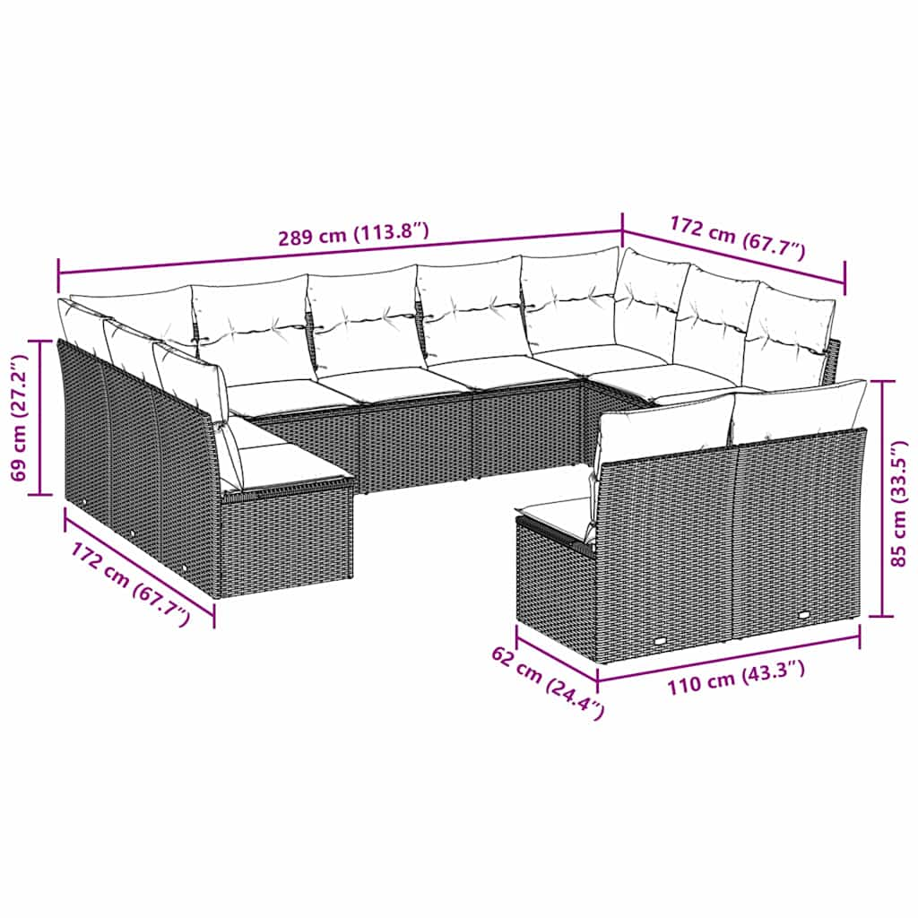 Set de sofás de jardín 11 pzas y cojines ratán sintético gris - Vetonek