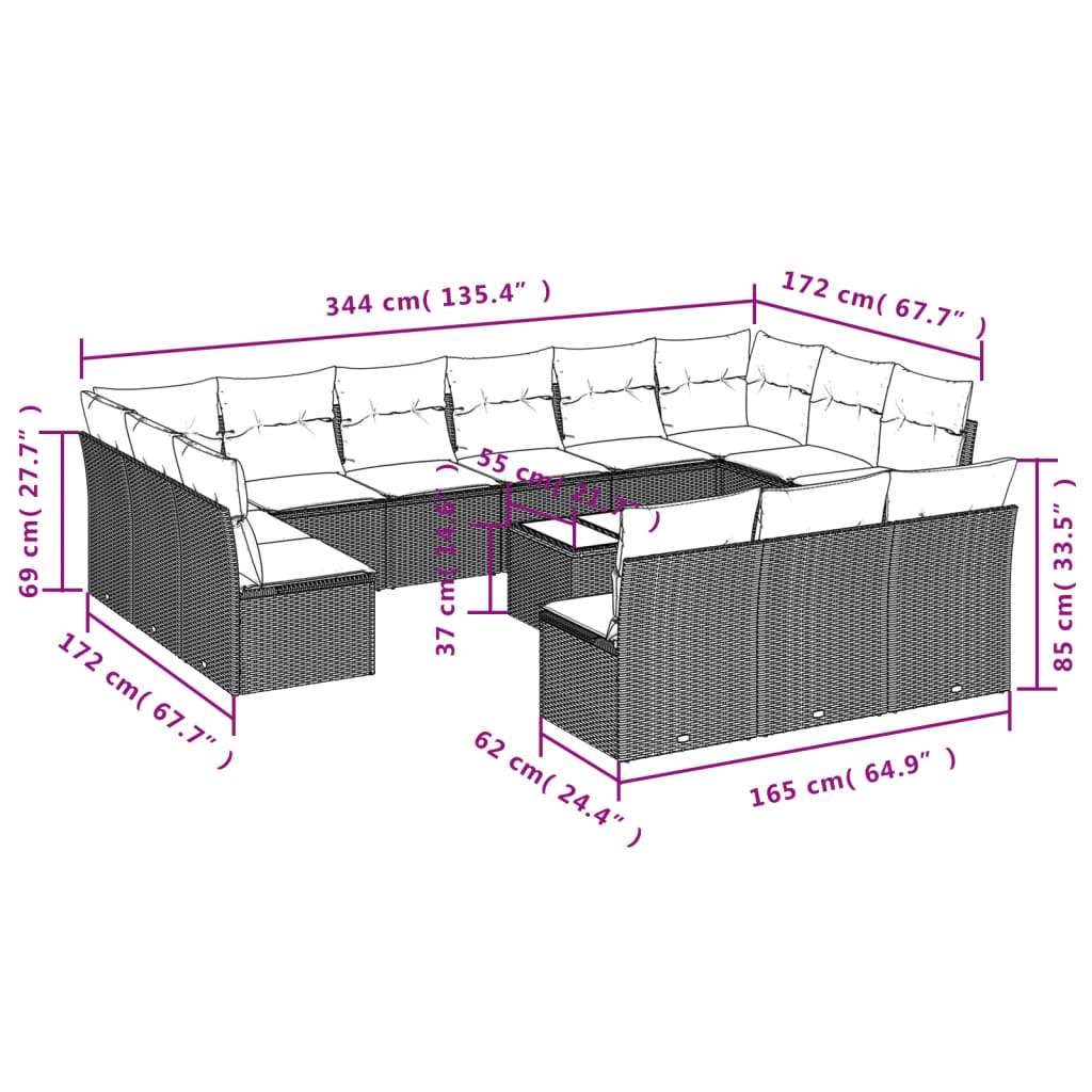 Sofás de jardim Conjunto de 14 PCs com almofadas de vime sintético preto