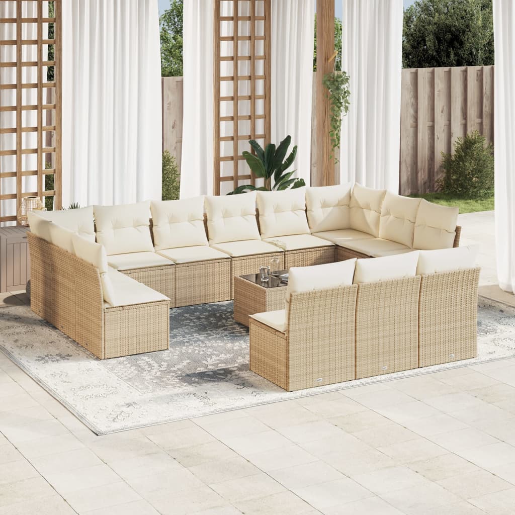 Set sofás de jardín 14 pzas con cojines ratán sintético beige