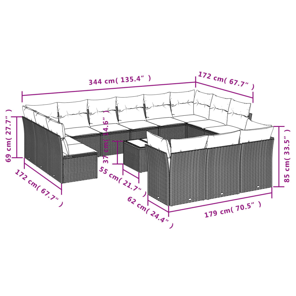 Sofás de jardim Conjunto de 14 PCs com almofadas de vime sintético preto