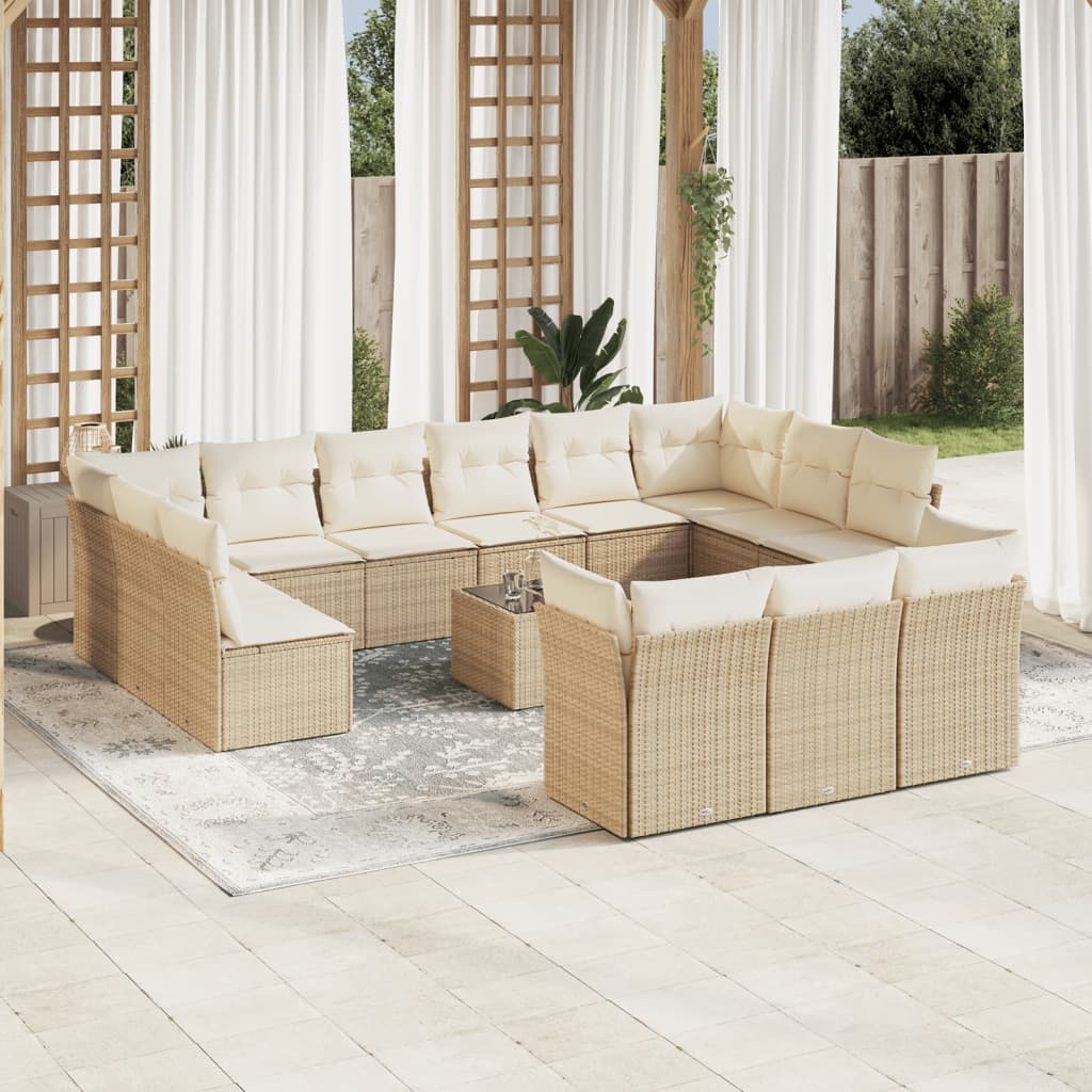 Vetonek Set sofás de jardín 14 pzas con cojines ratán sintético beige