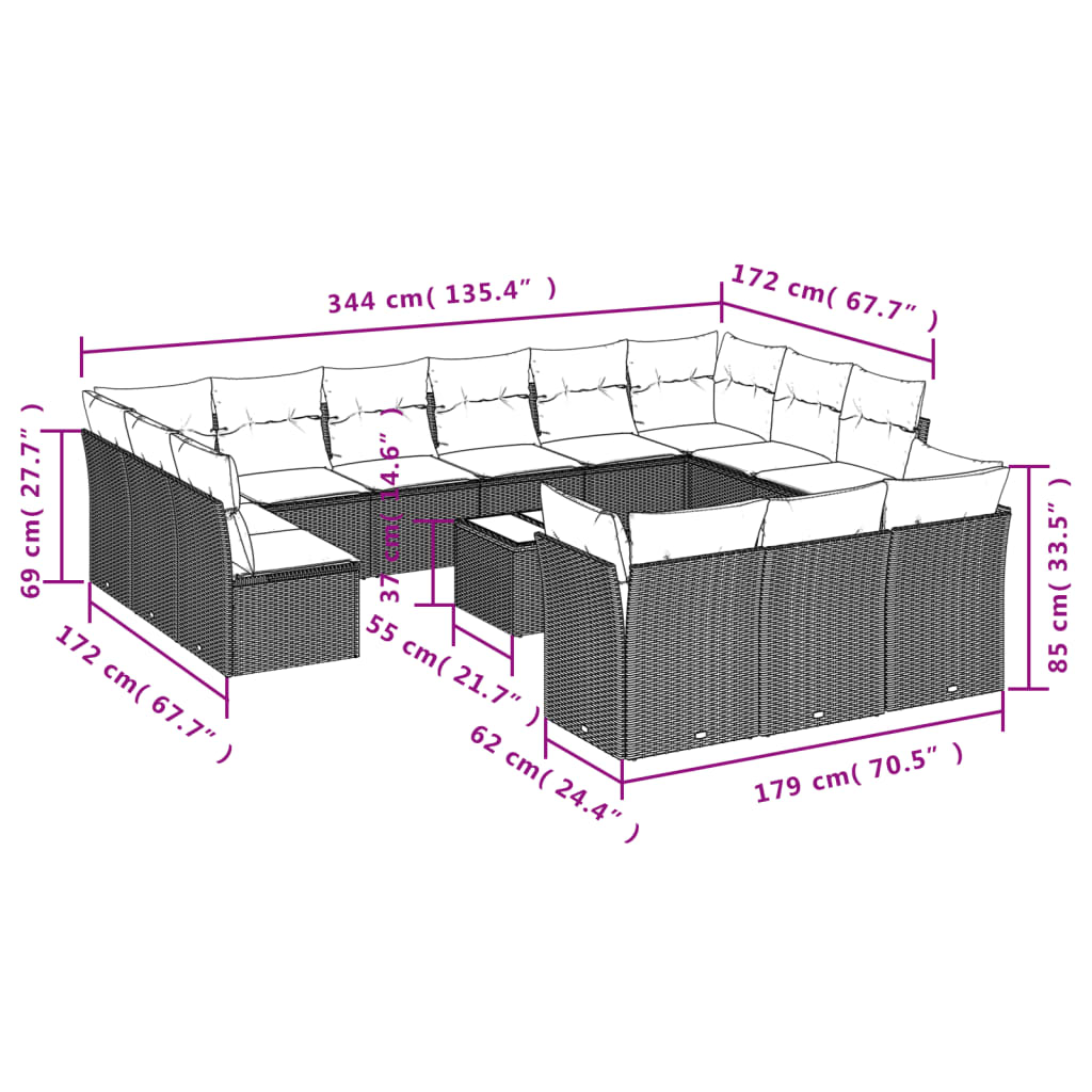 Garden Sofas Set 14 Pcs with Beige Synthetic Cushions