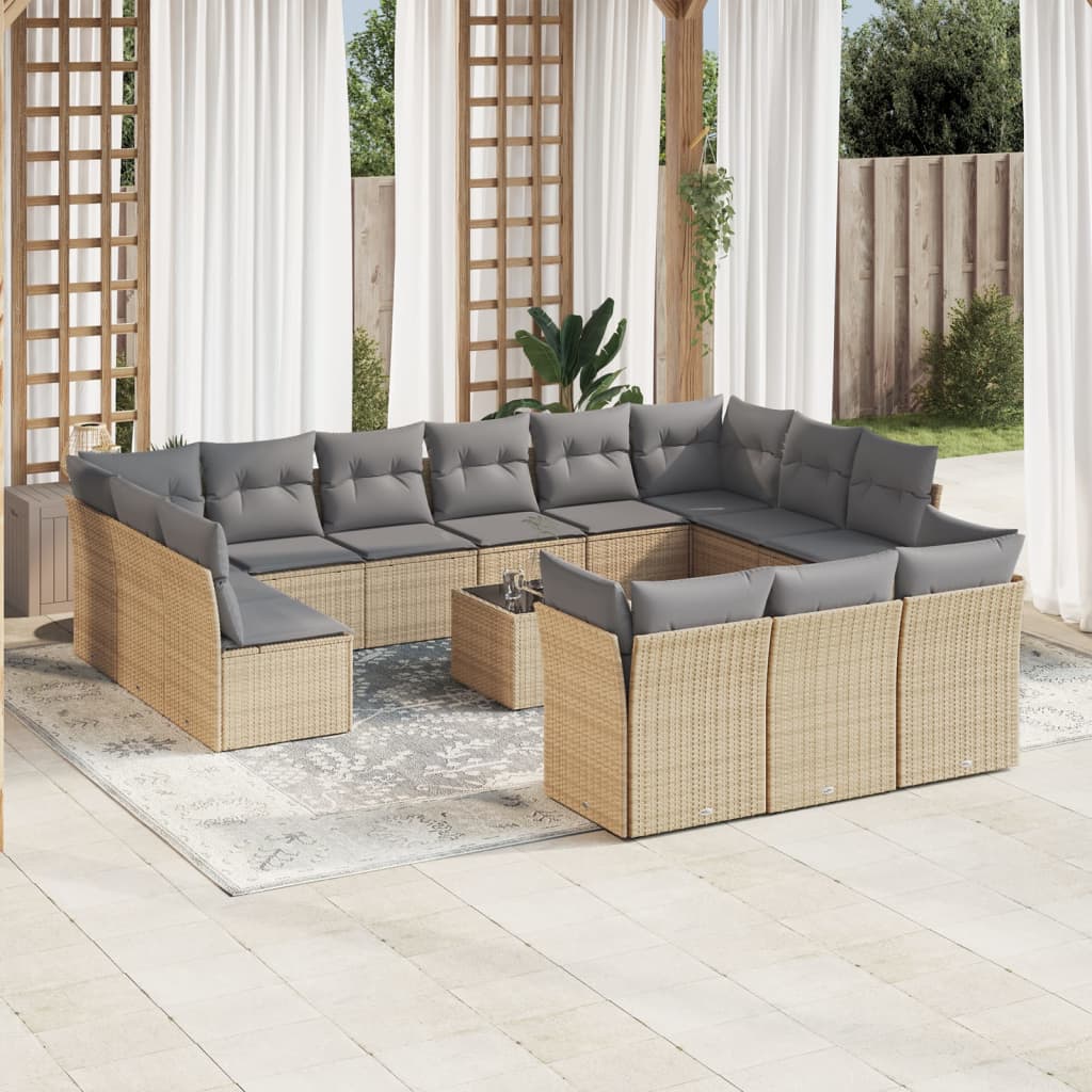 Set sofás de jardín 14 pzas con cojines ratán sintético beige