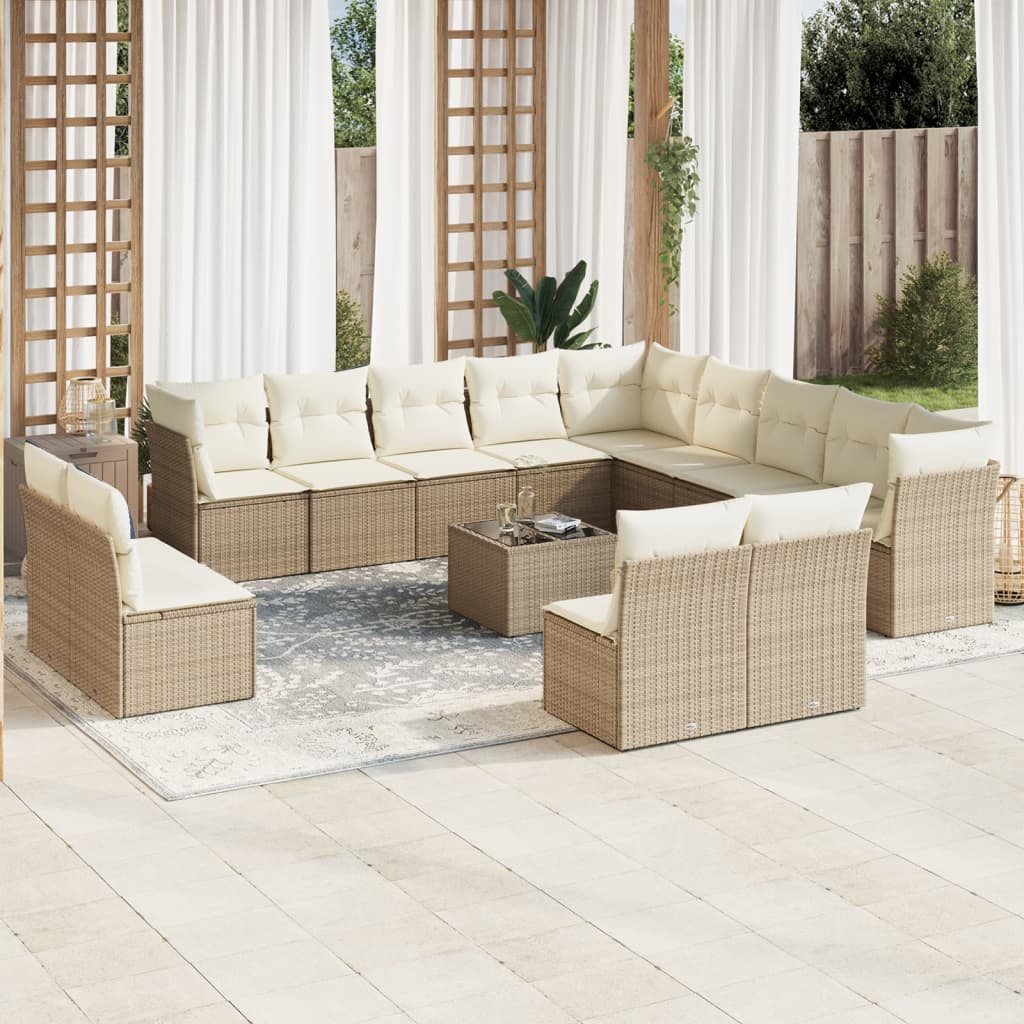 Vetonek Set sofás de jardín 14 pzas con cojines ratán sintético beige