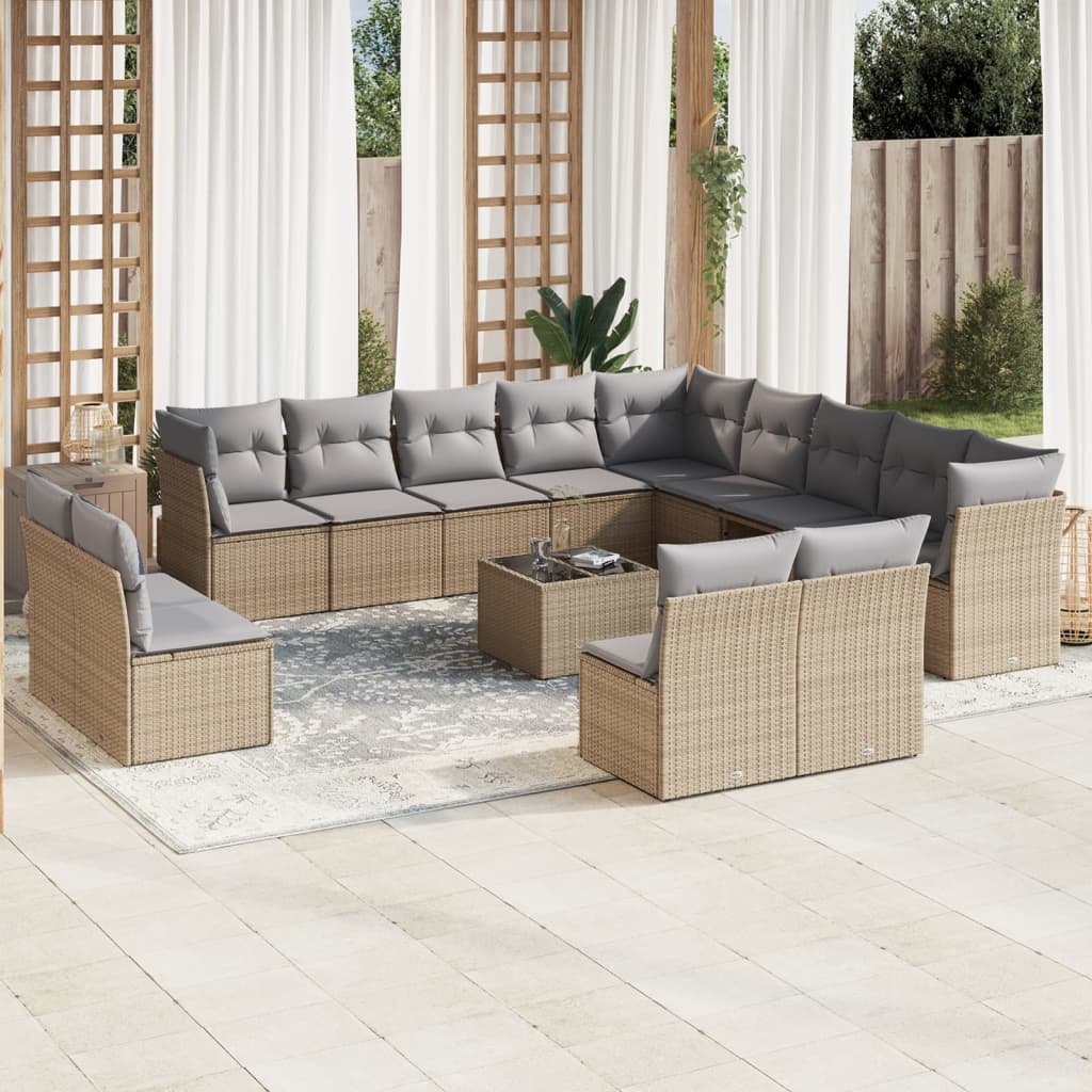 Set sofás de jardín 14 pzas con cojines ratán sintético beige