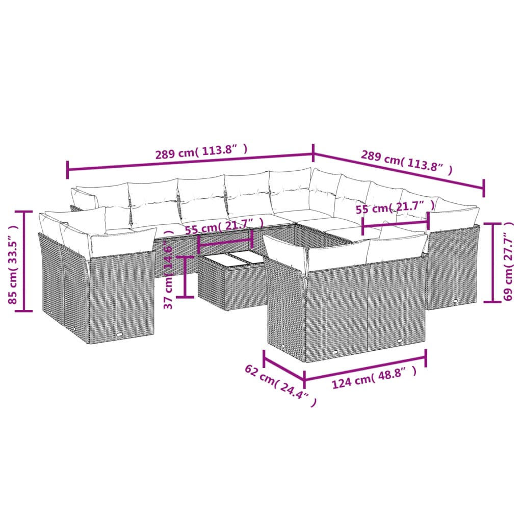 Garden Sofas-ek 14 pieza ezarri ditu kuxin sintetiko beigeekin