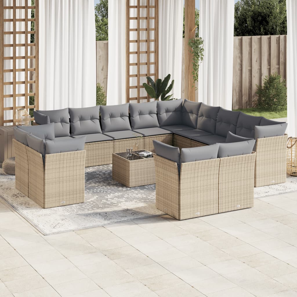 Set sofás de jardín 14 pzas con cojines ratán sintético beige