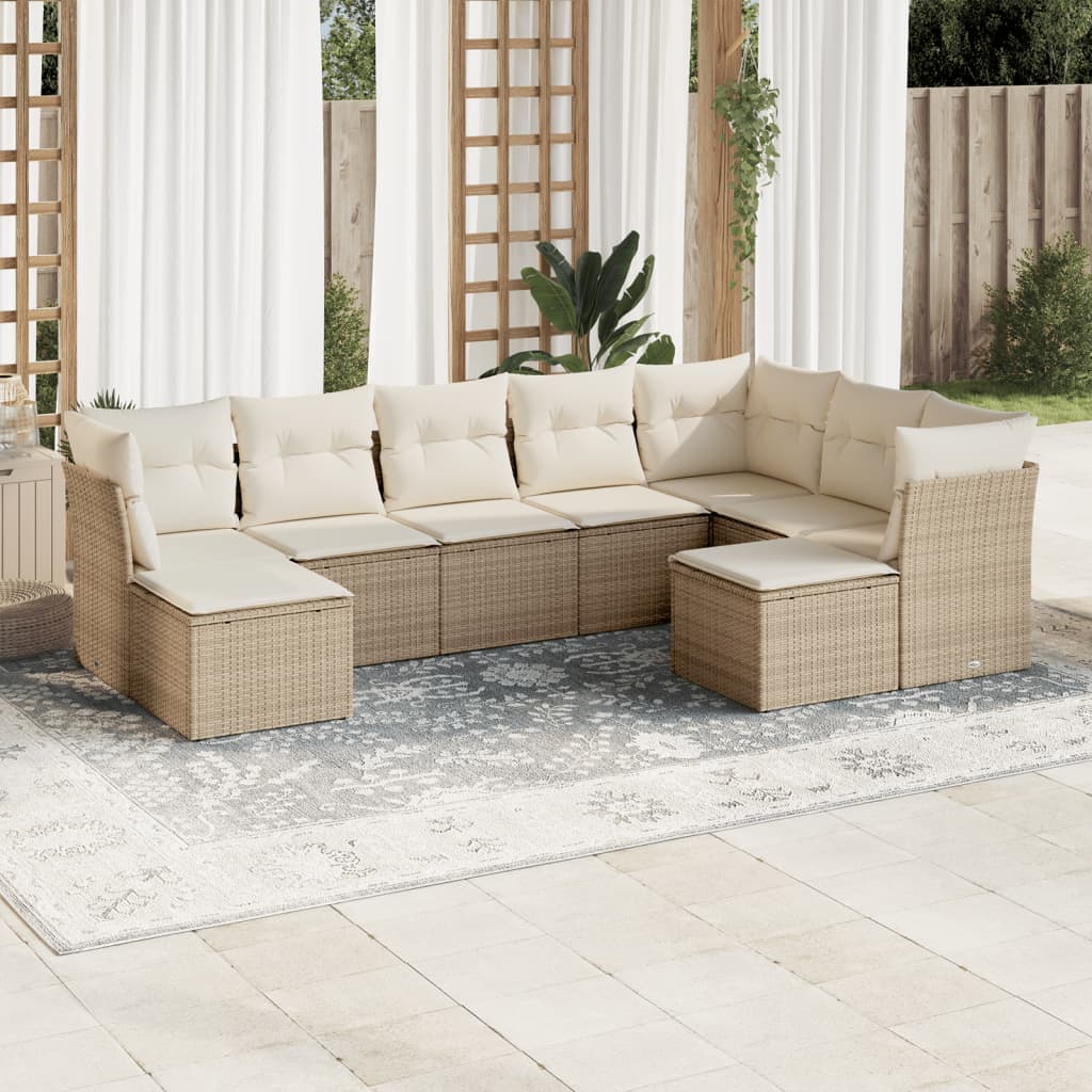 Vetonek Set de sofás de jardín 9 pzas con cojines ratán sintético beige