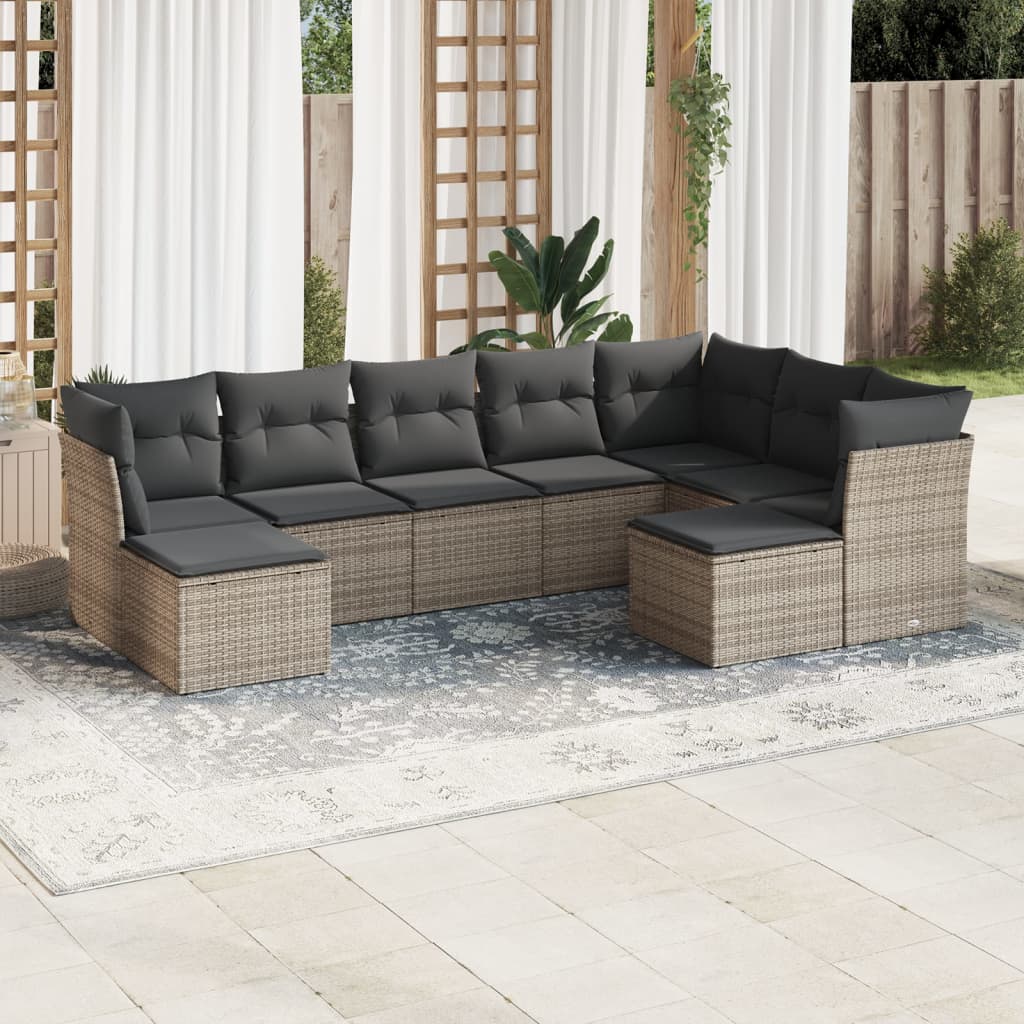 Vetonek Set de muebles de jardín 9 pzas y cojines ratán sintético gris