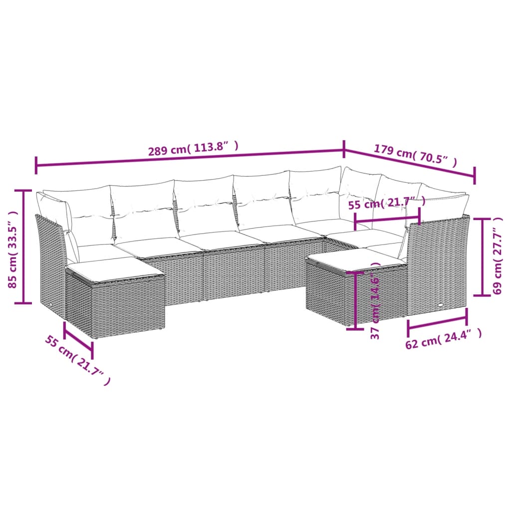 Set de muebles de jardín 9 pzas y cojines ratán sintético gris