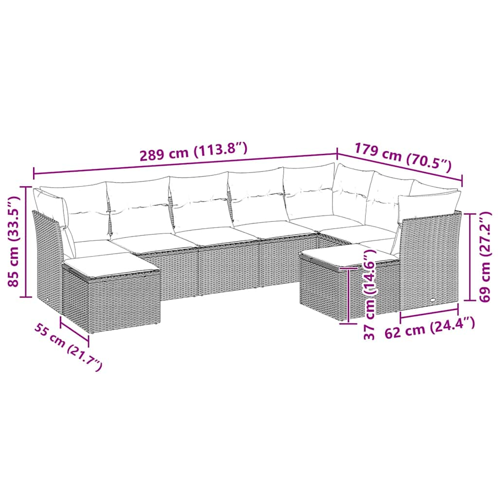 Set muebles jardín 9 pzas y cojines ratán sintético gris claro - Vetonek