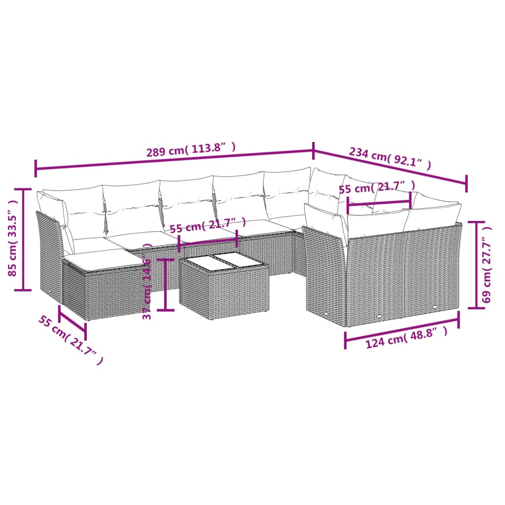 Set de sofás de jardín 11pzas con cojines ratán sintético beige - Vetonek