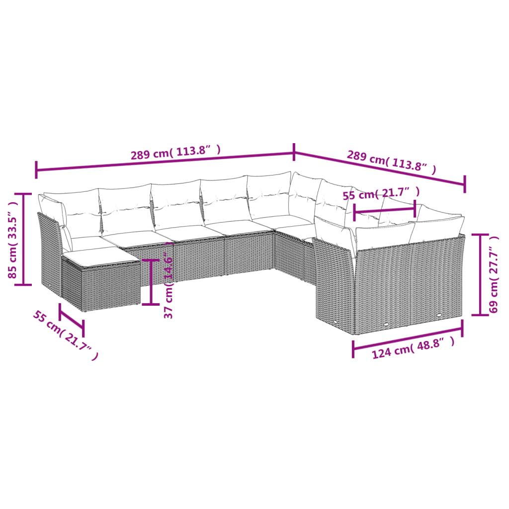 Les canapés de jardin fixent 11 pcs et coussins de rotin synthétique gris