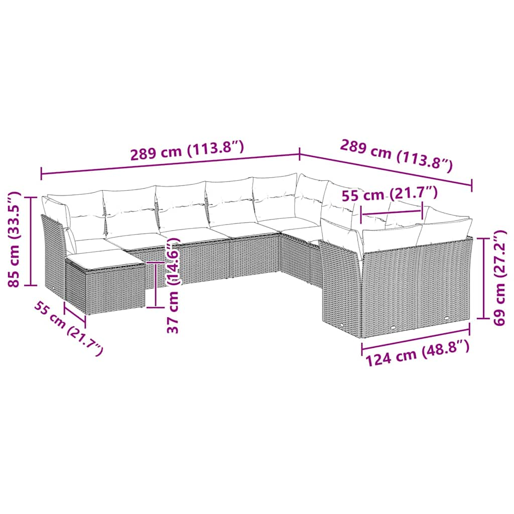 Set de sofás de jardín 11 pzas y cojines ratán sintético gris - Vetonek