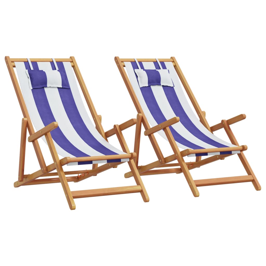 Vetonek Sillas de playa plegables 2 uds tela madera maciza azul blanco