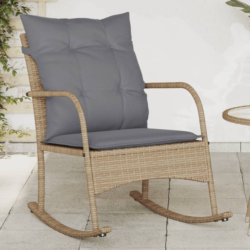 Vetonek Silla mecedora de jardín con cojines ratán sintético beige