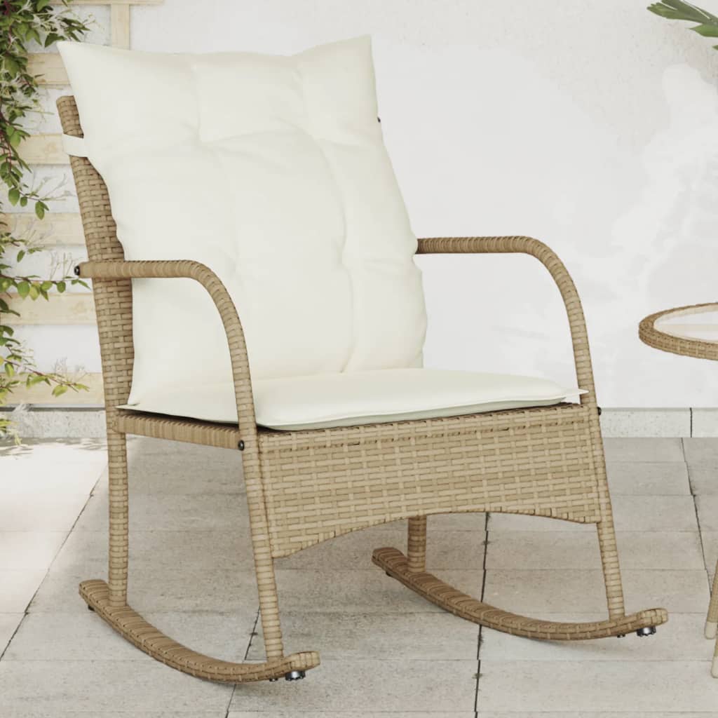 Vetonek Silla mecedora de jardín con cojines ratán sintético beige