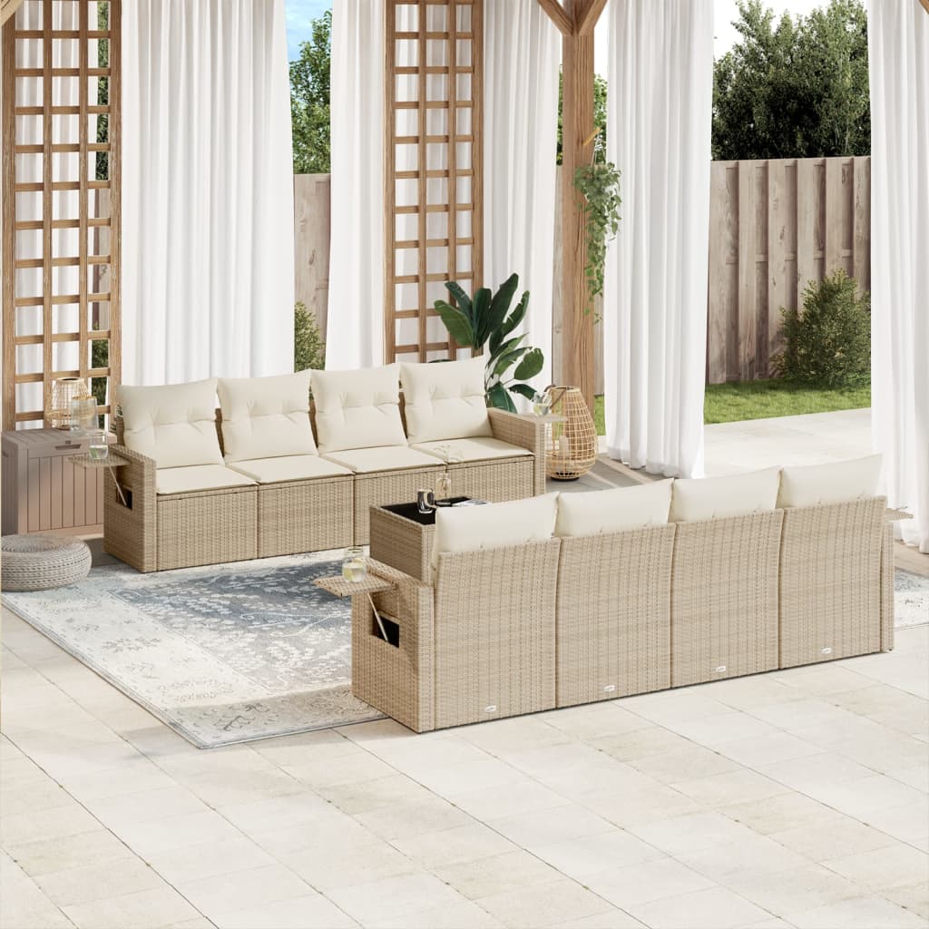 Set de sofás de jardín 9 pzas con cojines ratán sintético beige