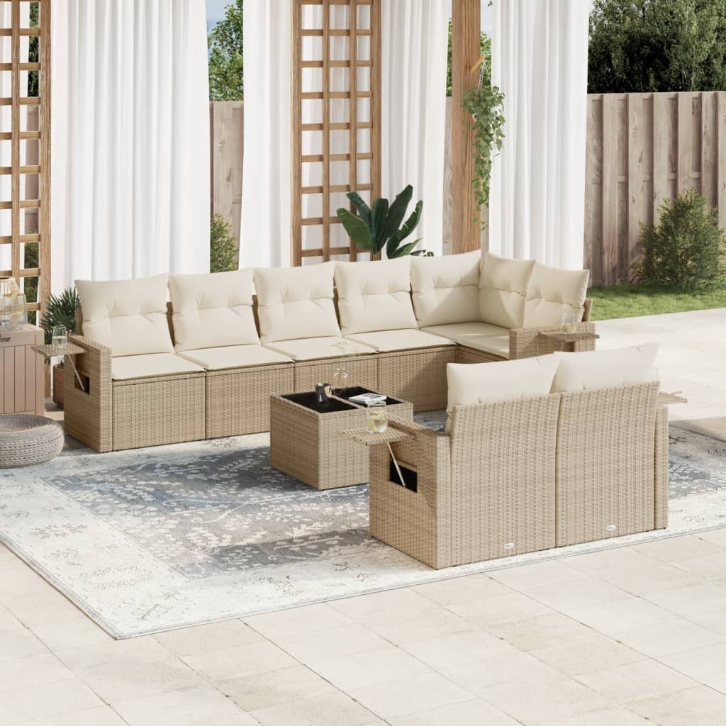 Vetonek Set de sofás de jardín 9 pzas con cojines ratán sintético beige