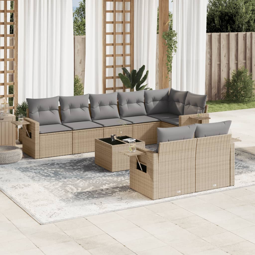 Vetonek Set de sofás de jardín 9 pzas con cojines ratán sintético beige