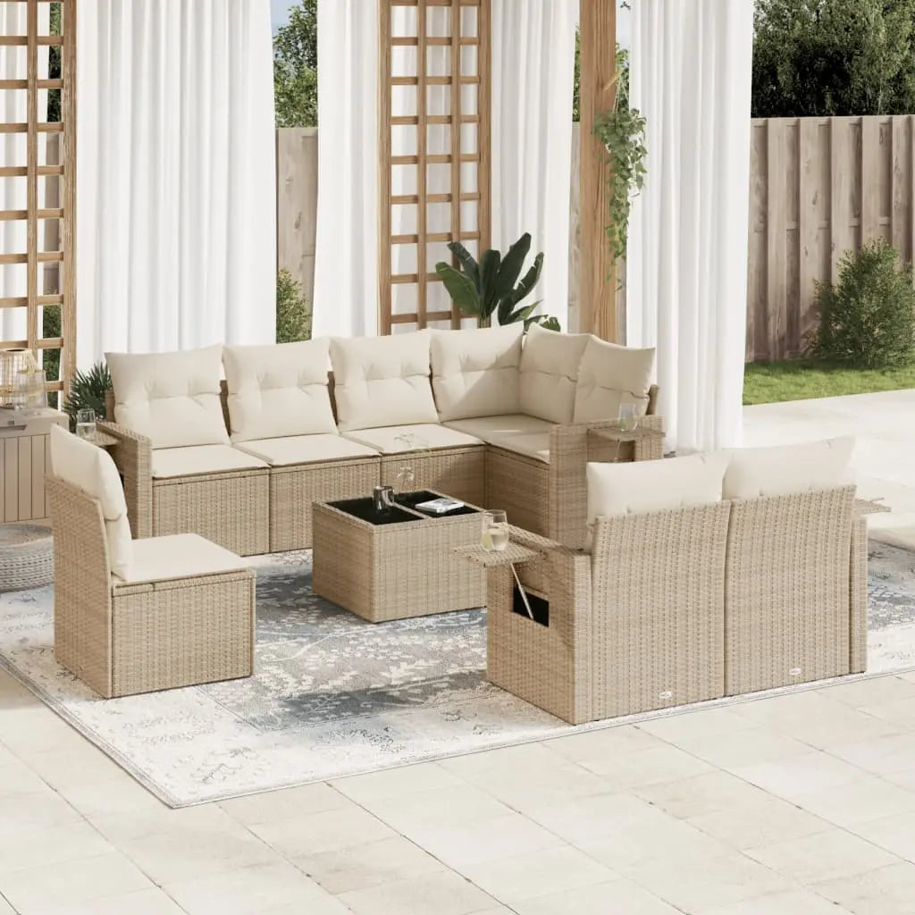 Vetonek Set de sofás de jardín 9 pzas con cojines ratán sintético beige