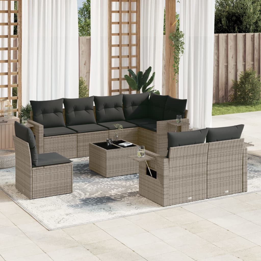 Vetonek Set de muebles de jardín 9 pzas y cojines ratán sintético gris