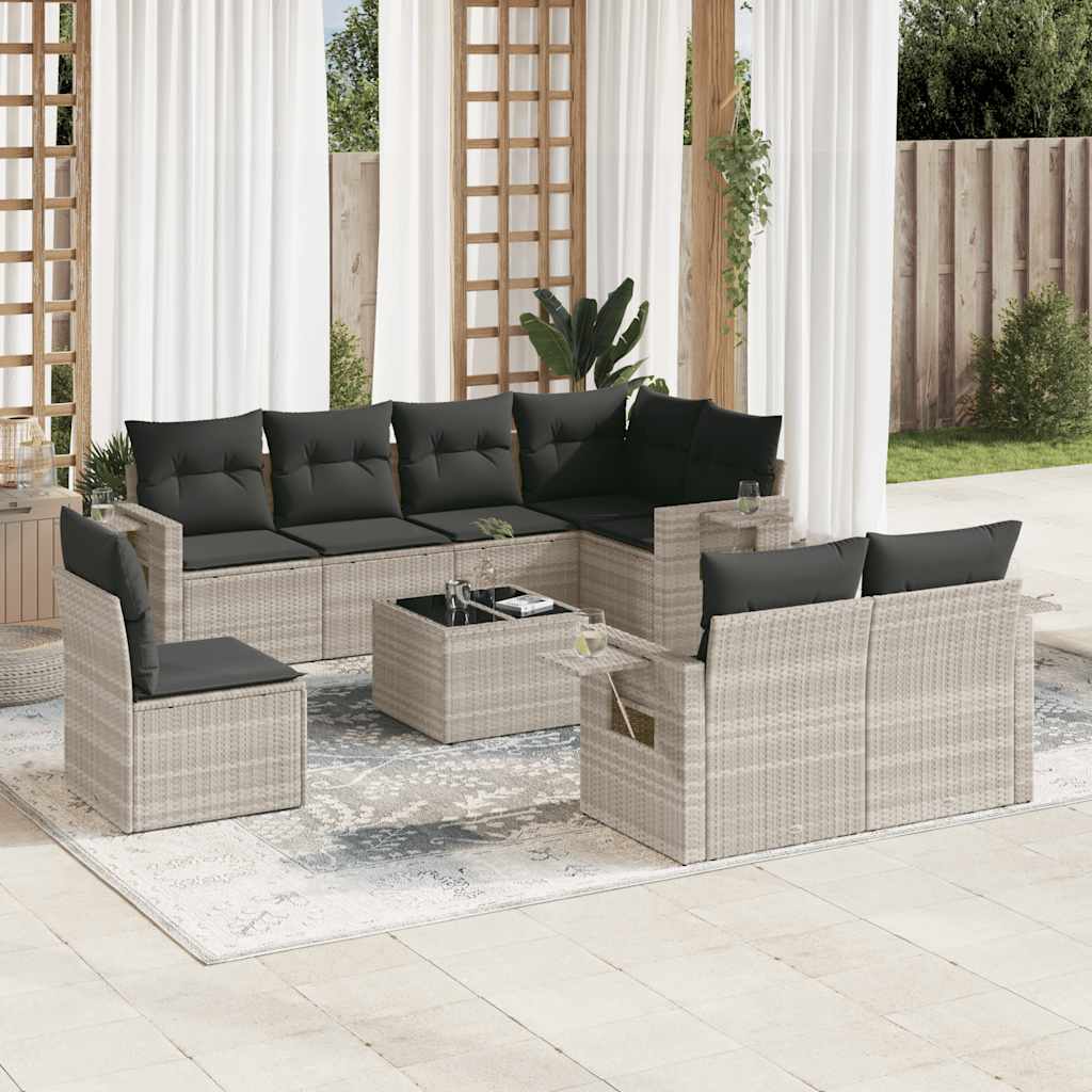 Vetonek Set muebles jardín 9 pzas y cojines ratán sintético gris claro