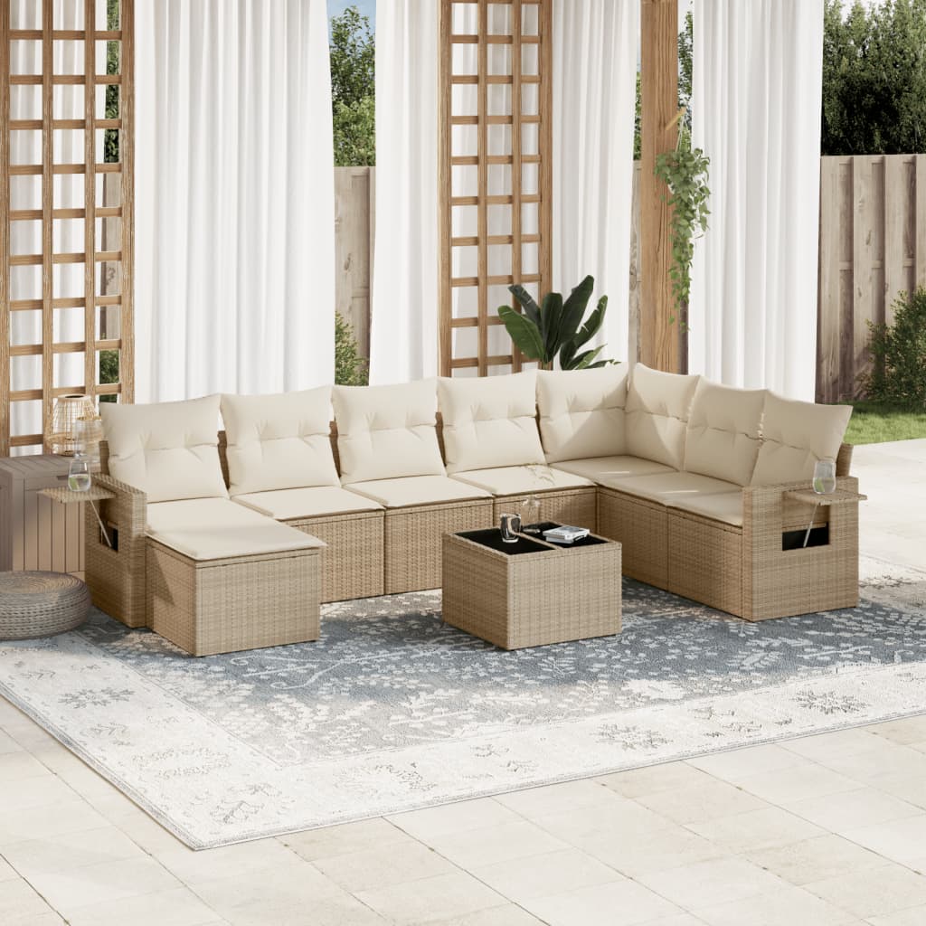 Set de sofás de jardín 9 pzas con cojines ratán sintético beige