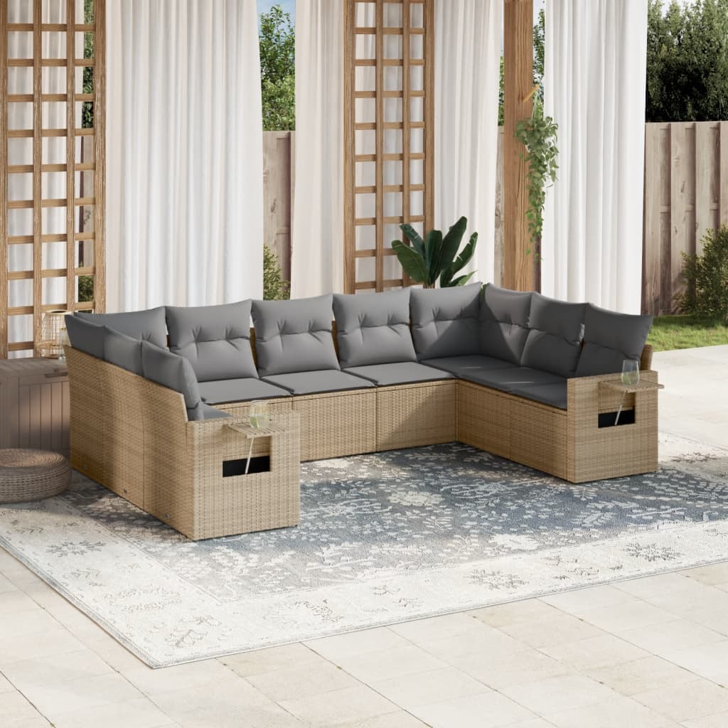 Vetonek Set de sofás de jardín 9 pzas con cojines ratán sintético beige