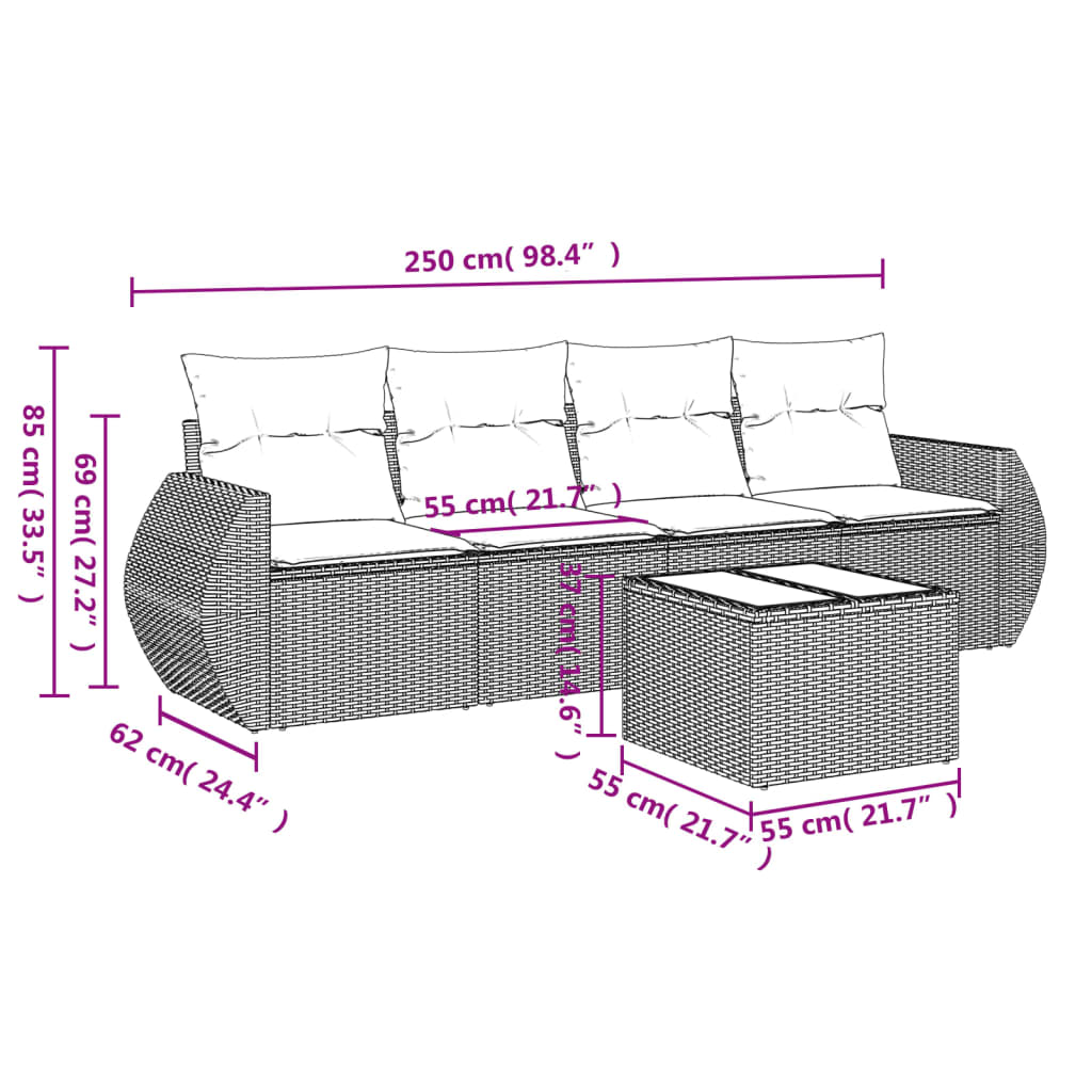 Set de muebles de jardín 5 pzas y cojines ratán sintético negro