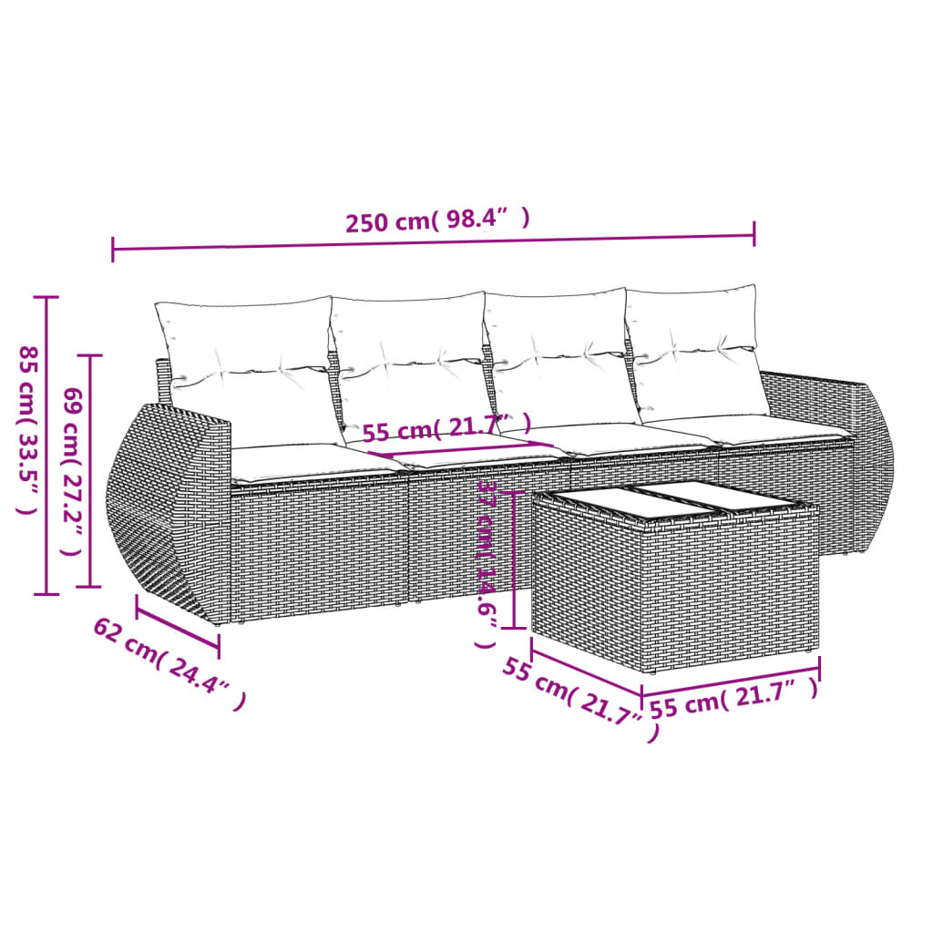 5 pièces Garden-Dining Ensemble et coussins de rotin synthétique marron