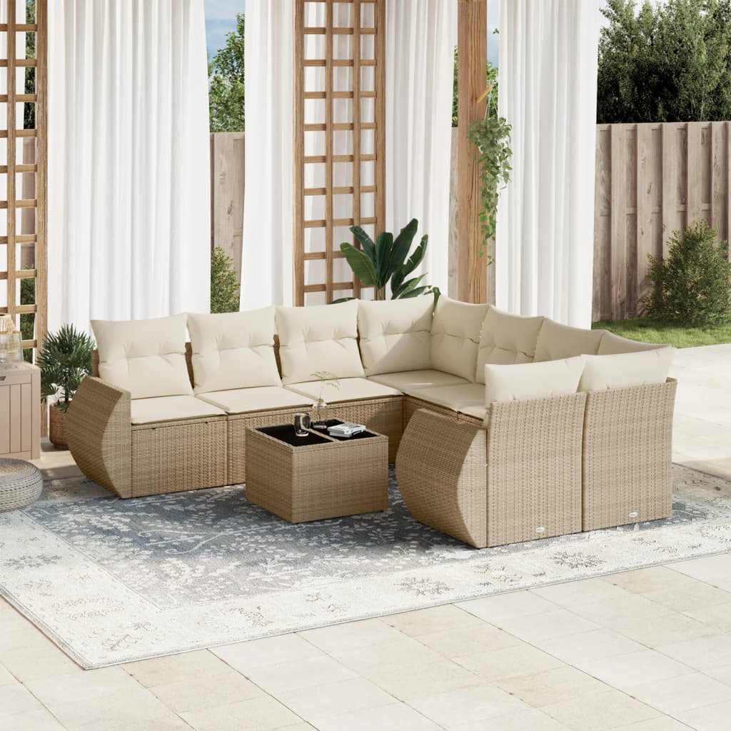 Vetonek Set de sofás de jardín 9 pzas con cojines ratán sintético beige