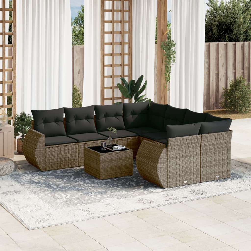 Vetonek Set de muebles de jardín 9 pzas y cojines ratán sintético gris