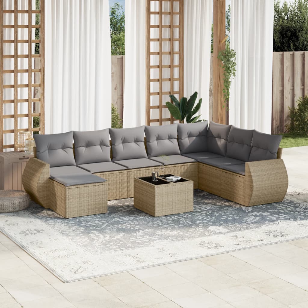 Vetonek Set de sofás de jardín 9 pzas con cojines ratán sintético beige