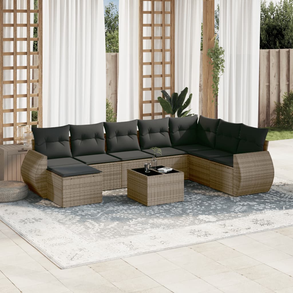 Vetonek Set de muebles de jardín 9 pzas y cojines ratán sintético gris