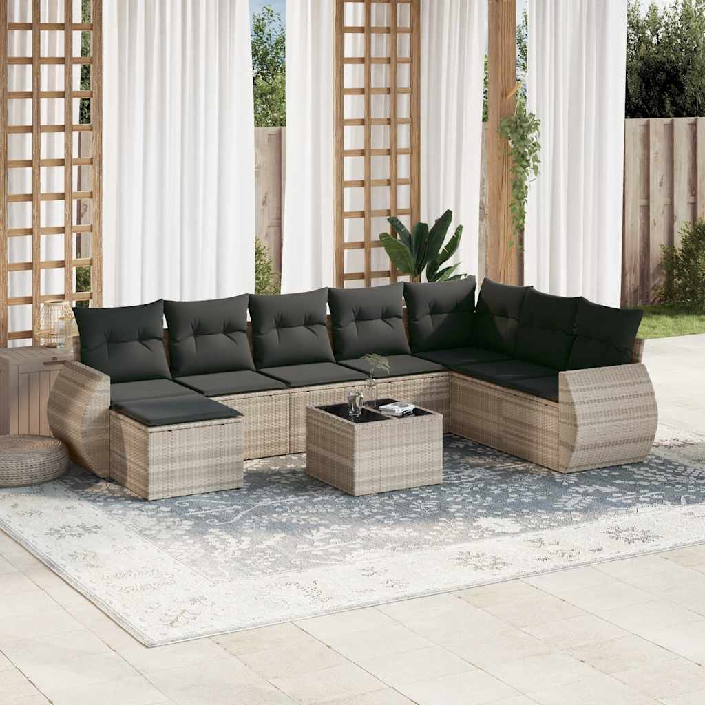 Vetonek Set muebles jardín 9 pzas y cojines ratán sintético gris claro