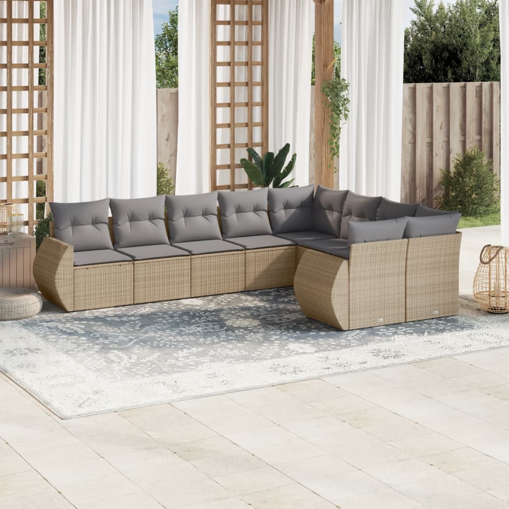 Vetonek Set de sofás de jardín 9 pzas con cojines ratán sintético beige