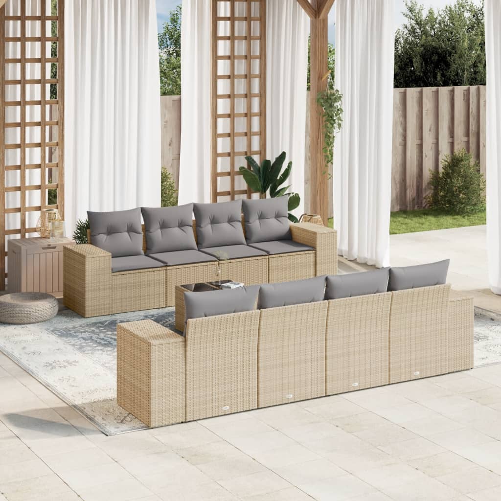 Vetonek Set de sofás de jardín 9 pzas con cojines ratán sintético beige