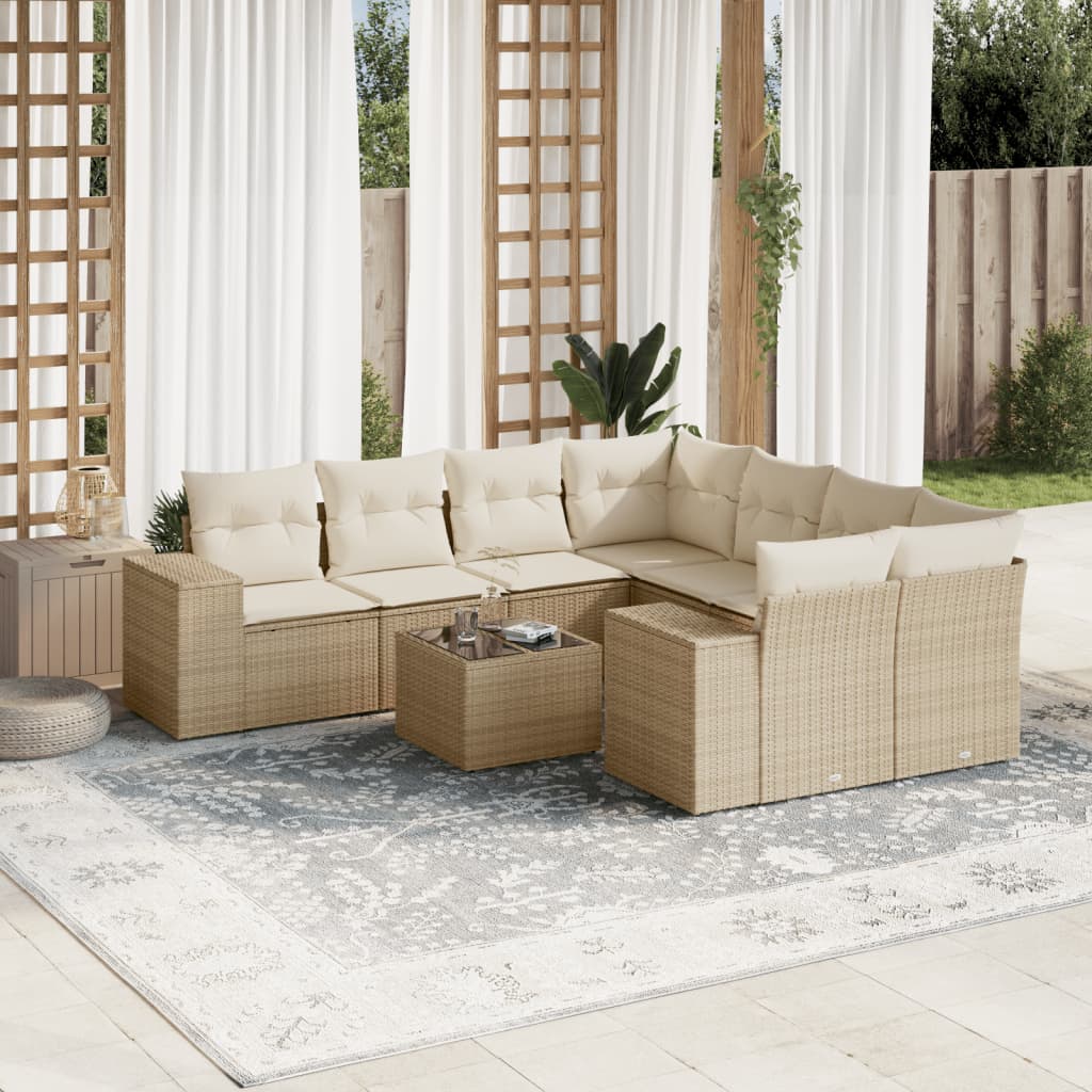 Vetonek Set de sofás de jardín 9 pzas con cojines ratán sintético beige