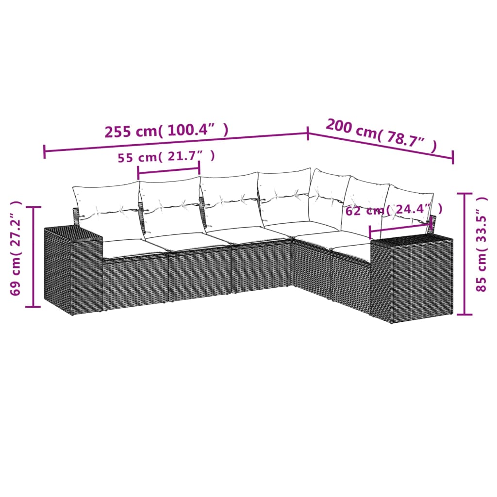 Set sofás de jardín 6 piezas y cojines ratán sintético marrón