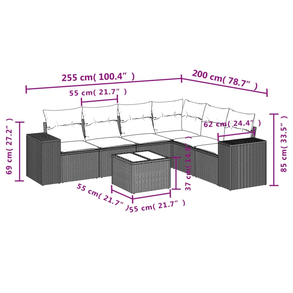 Set de comedor de jardín 7 pzas y cojines ratán sintético negro - Vetonek