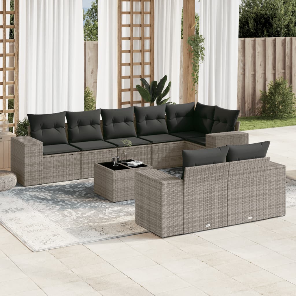 Vetonek Set de muebles de jardín 9 pzas y cojines ratán sintético gris